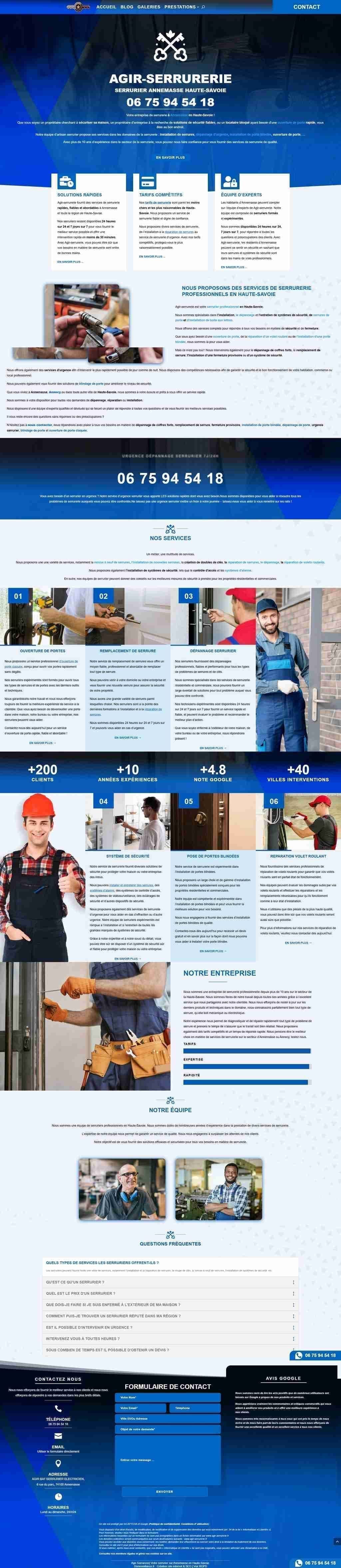 Capture d'écran du site web AGIR-SERRURERIE - Site professionnel avec intervention d'urgence 48h/24 et géolocalisation des techniciens réalisé par l'agence web Domoveillance