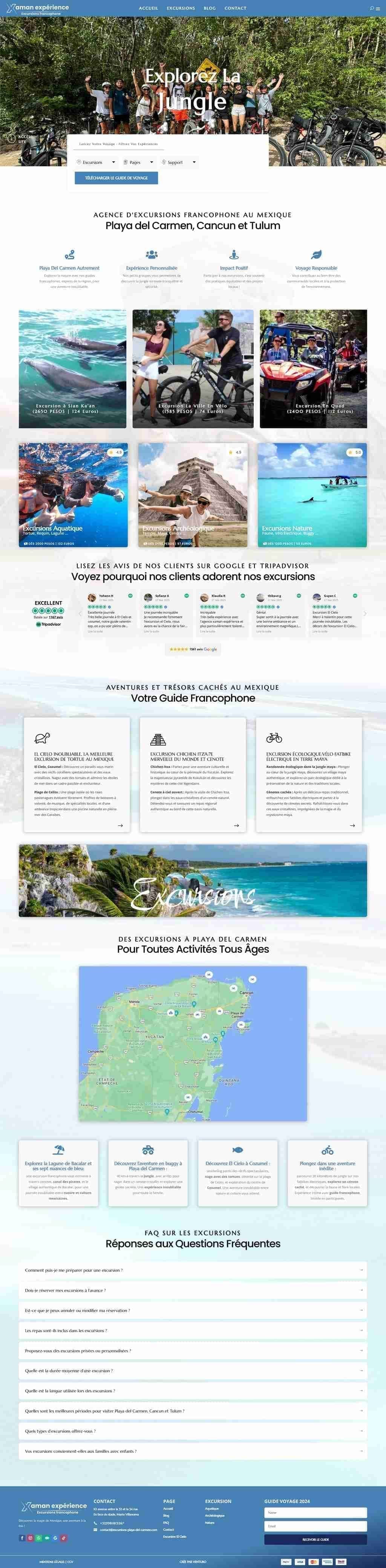 Capture d'écran du site web EXCURSION PLAYA DEL CARMEN - Site e-commerce d'excursions au Mexique avec système de réservation intégré réalisé par l'agence web Domoveillance