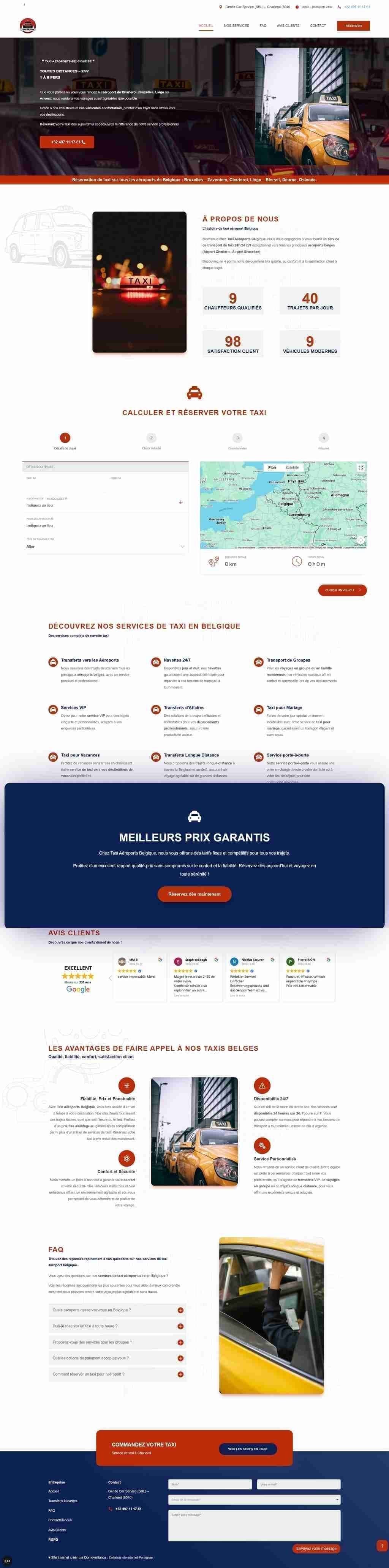 Capture d'écran du site web TAXI AEROPORT BELGIQUE - Réservation de taxis avec géolocalisation et paiement en ligne réalisé par l'agence web Domoveillance